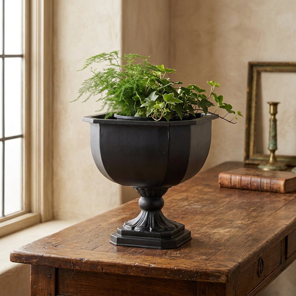 Octavia black faceted iron chalice planter with greenery on a wooden console beside a window.