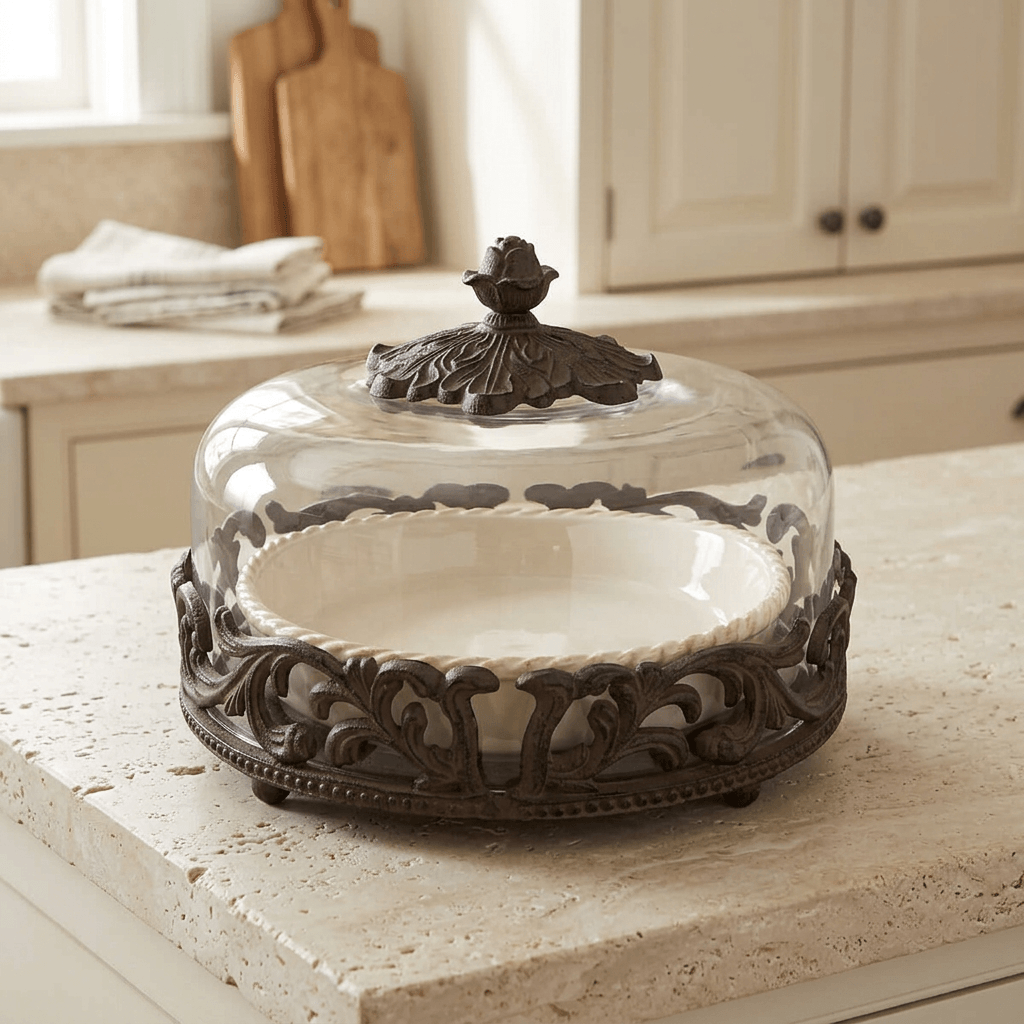 Bellavita Stoneware Pie Dish with Glass Dome on a pale stone counter in a traditional kitchen.