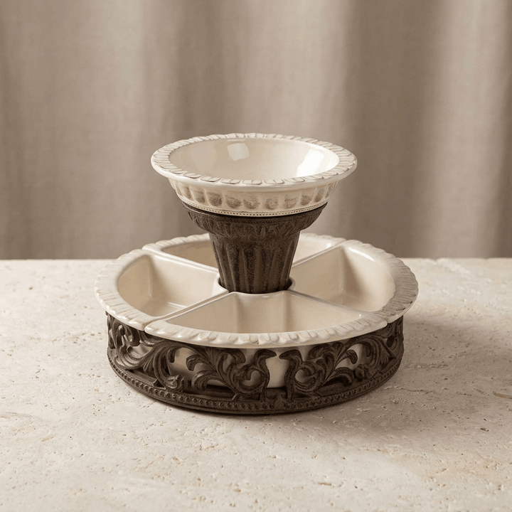 Bellavita chip and dip set showing patterned cream ceramic rims and dark brown acanthus scroll metalwork