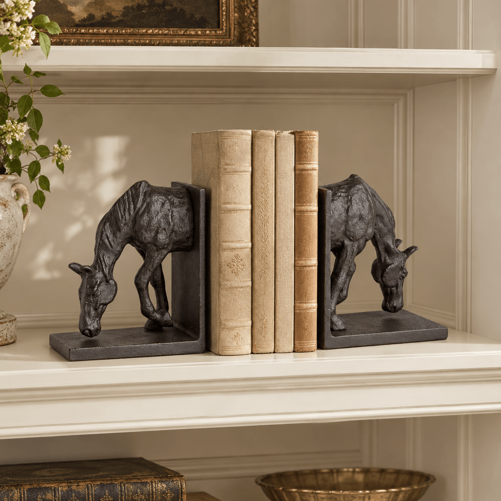 Pair of black bronze grazing horse bookends styled with books on a cream library shelf.