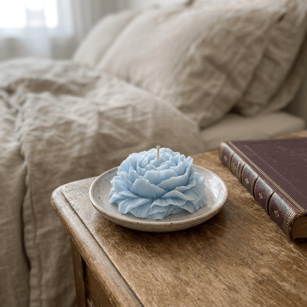 Baby-blue peony-shaped soy wax candle on a ceramic dish beside linen bedding and a book.