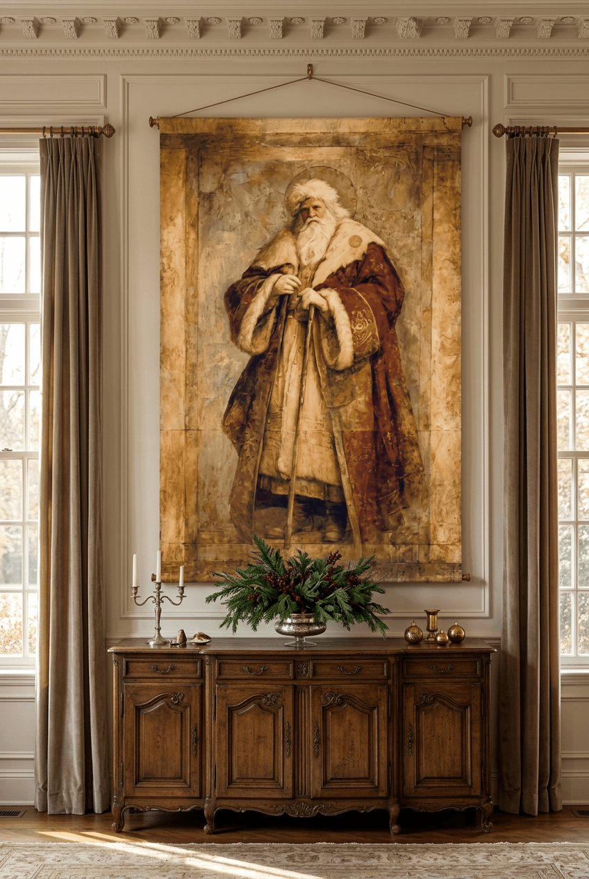 Old World Santa canvas wall scroll displayed above a sideboard in a traditional dining room with seasonal greenery.