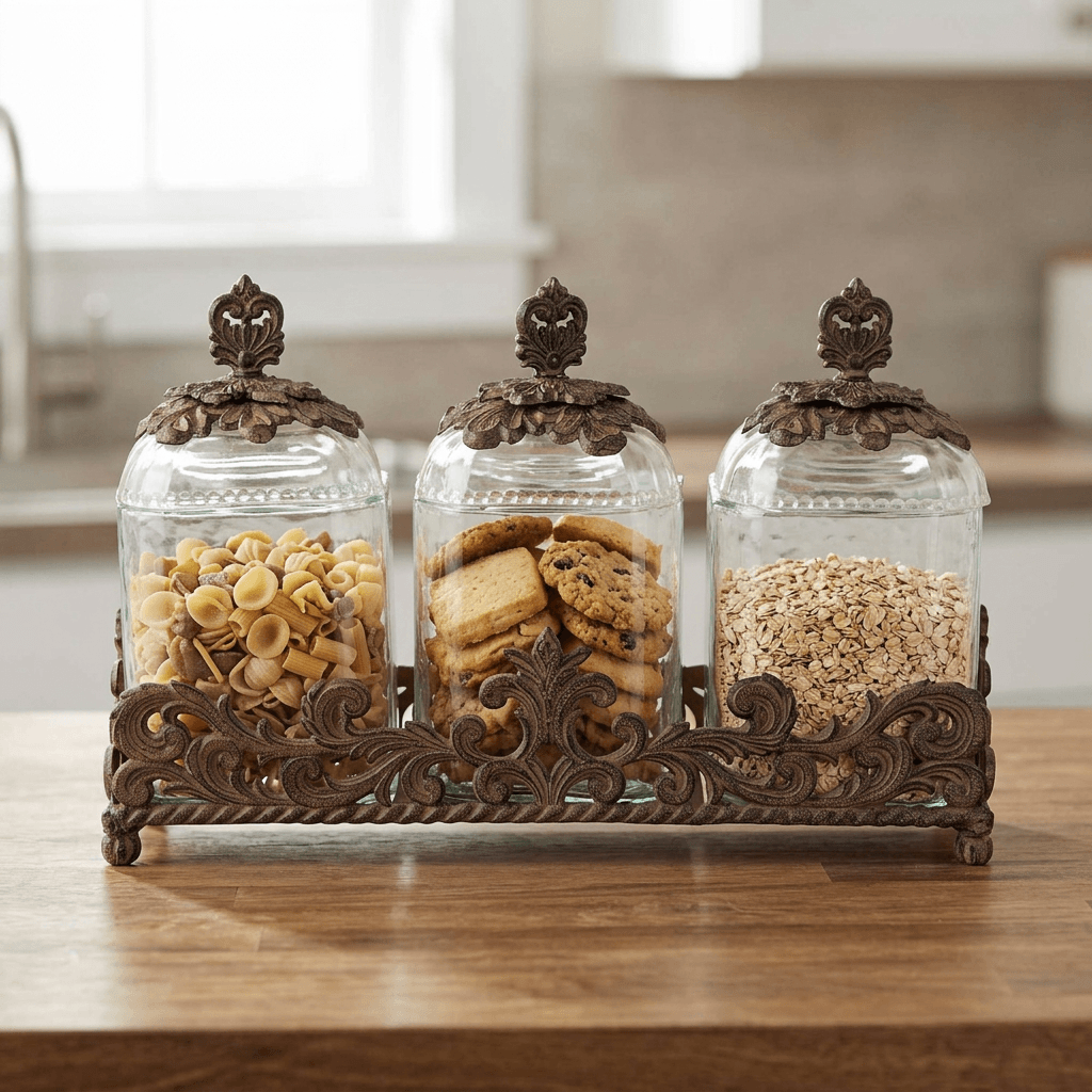 Bellavita glass canisters filled with dry pasta, cookies and rolled oats on a wooden kitchen counter