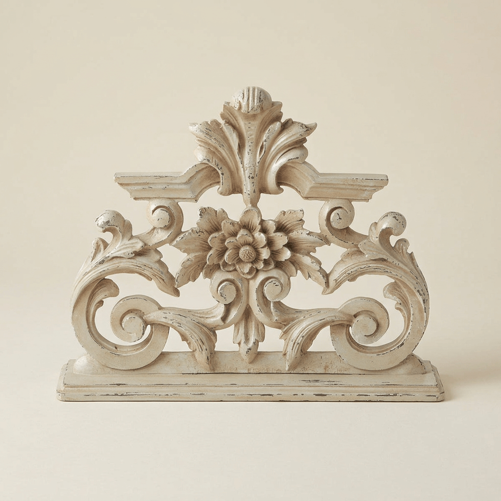 Antique-white floral scroll mantel sculpture with a central flower, open scrolling filigree, and a leafy crest on a neutral background.