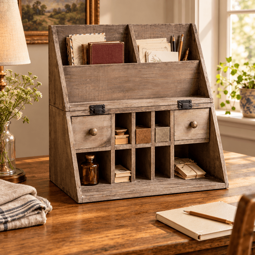 Recycled Wood Folding Desk Caddy organizing stationery on an oak writing desk