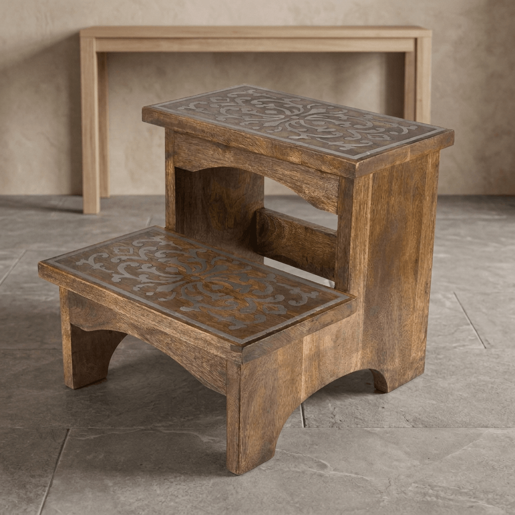 Three-quarter view of Belvedere Step Stool showing two inlaid treads and arched wooden supports on a stone floor.