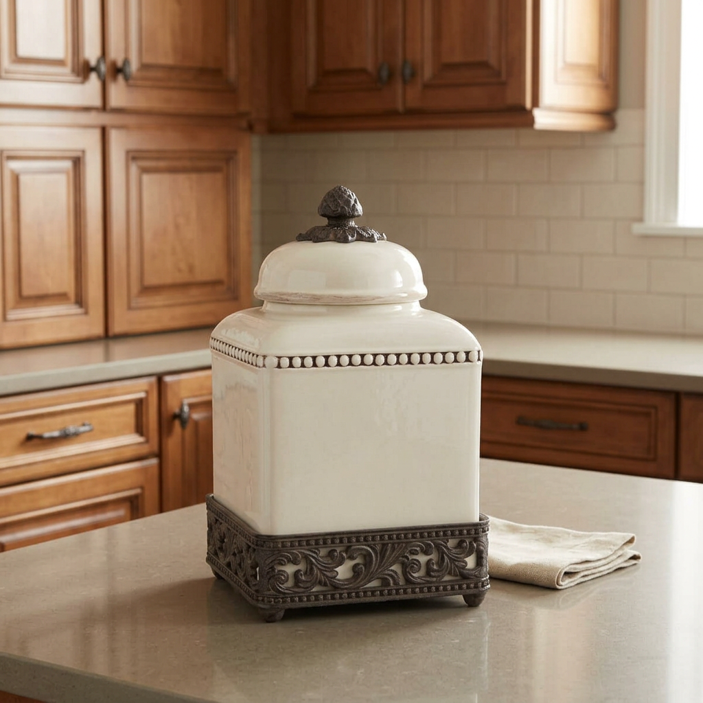 Bellavita cream square canister on a kitchen counter beside warm wood cabinetry.