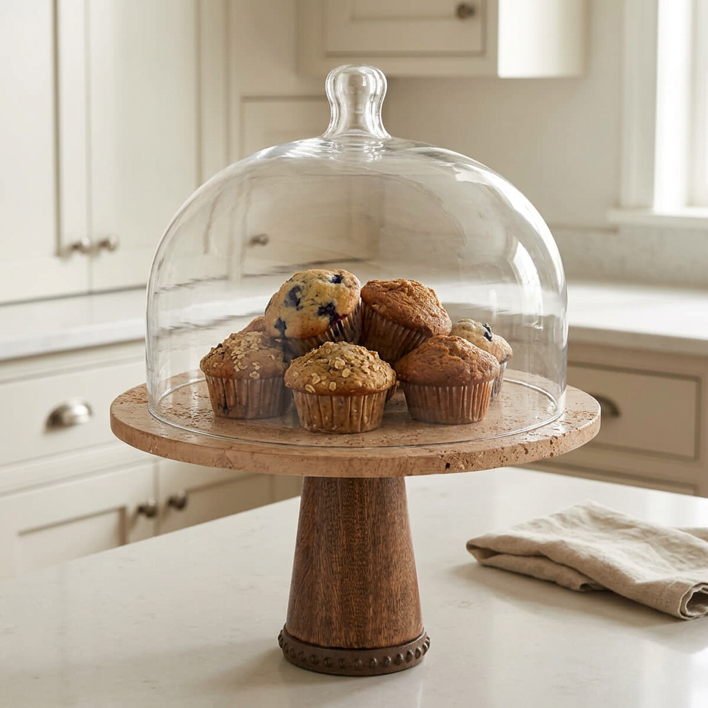 Maribel cake stand displaying assorted muffins beneath a glass dome on a kitchen island.