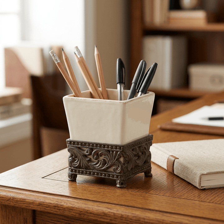 Bellavita cream ceramic holder containing pens and pencils on a wood writing desk beside a notebook