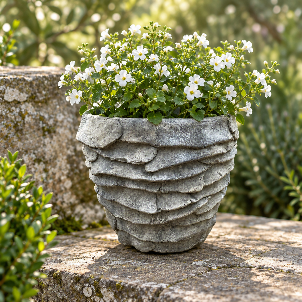 Grey cement palm leaf planter styled with white flowers on a weathered stone garden terrace