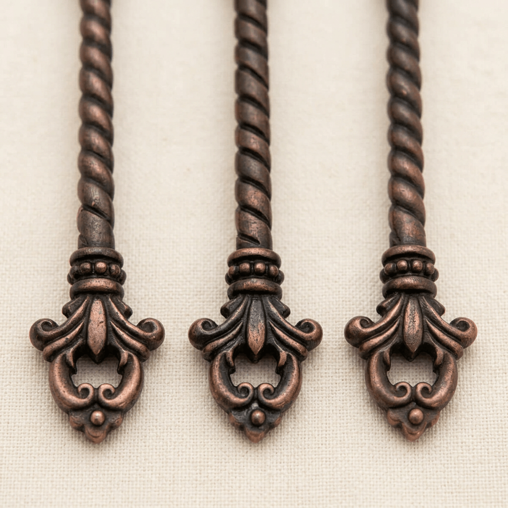 Close-up of twisted dark brass handles, beaded collars and openwork fleur-de-lis ends on the Bellavita serving set.