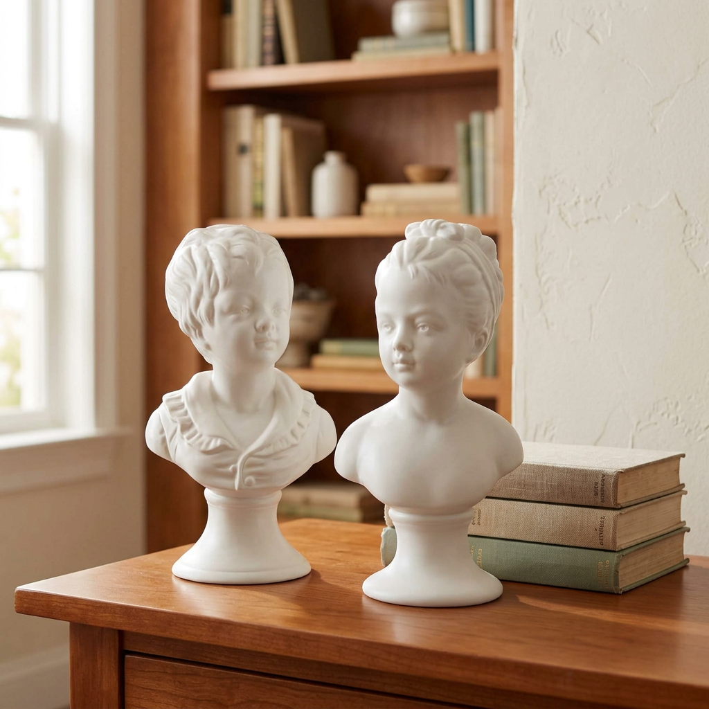 Vintage white porcelain girl and boy busts styled together on a wooden library console beside aged books.