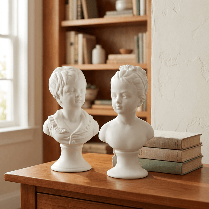 Vintage white porcelain girl and boy busts styled together on a wooden library console beside aged books.