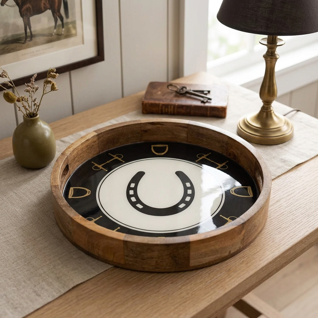 Black-and-gold equestrian wood tray on an oak entryway console beside a brass lamp and ceramic vase.