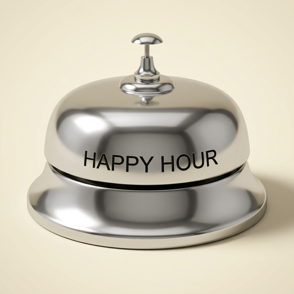 Polished silver-tone Happy Hour tabletop bell with a top plunger on an ivory studio background.