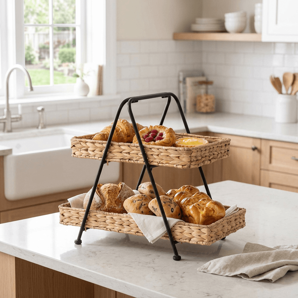 Seraphine Two-Tier Basket Stand with woven hyacinth baskets and black iron frame, styled with pastries and baked goods on a bright kitchen island