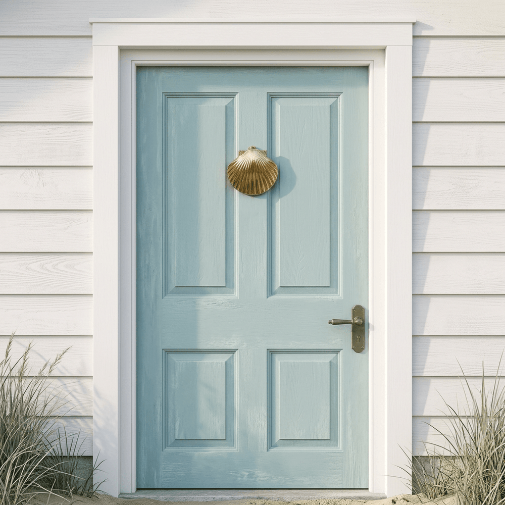 Brass scallop shell door knocker on a weathered seafoam-blue beach house door with white clapboard siding and dune grasses.
