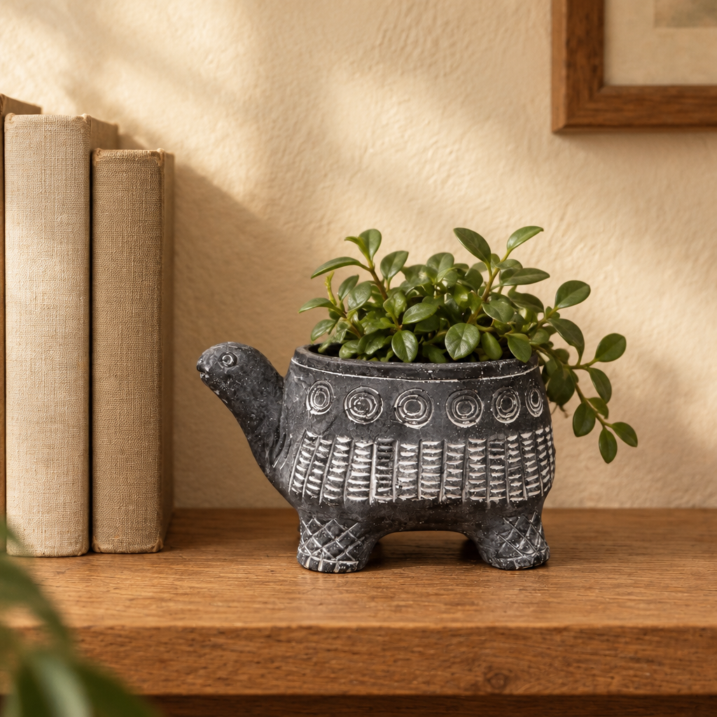 Black cement turtle planter styled beside books on an oak shelf