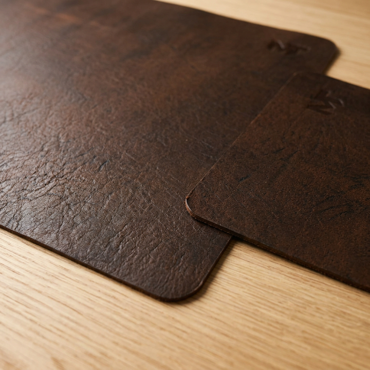 Close detail of espresso brown leather grain and rounded edges of a desk mat and mouse pad