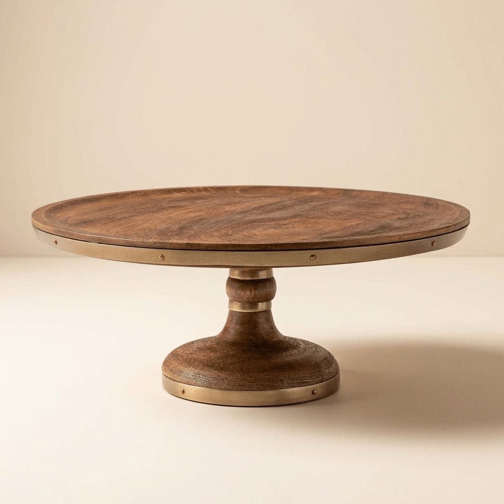 Three-quarter studio view of the Aurelle mango wood cake stand showing its round plate and turned pedestal