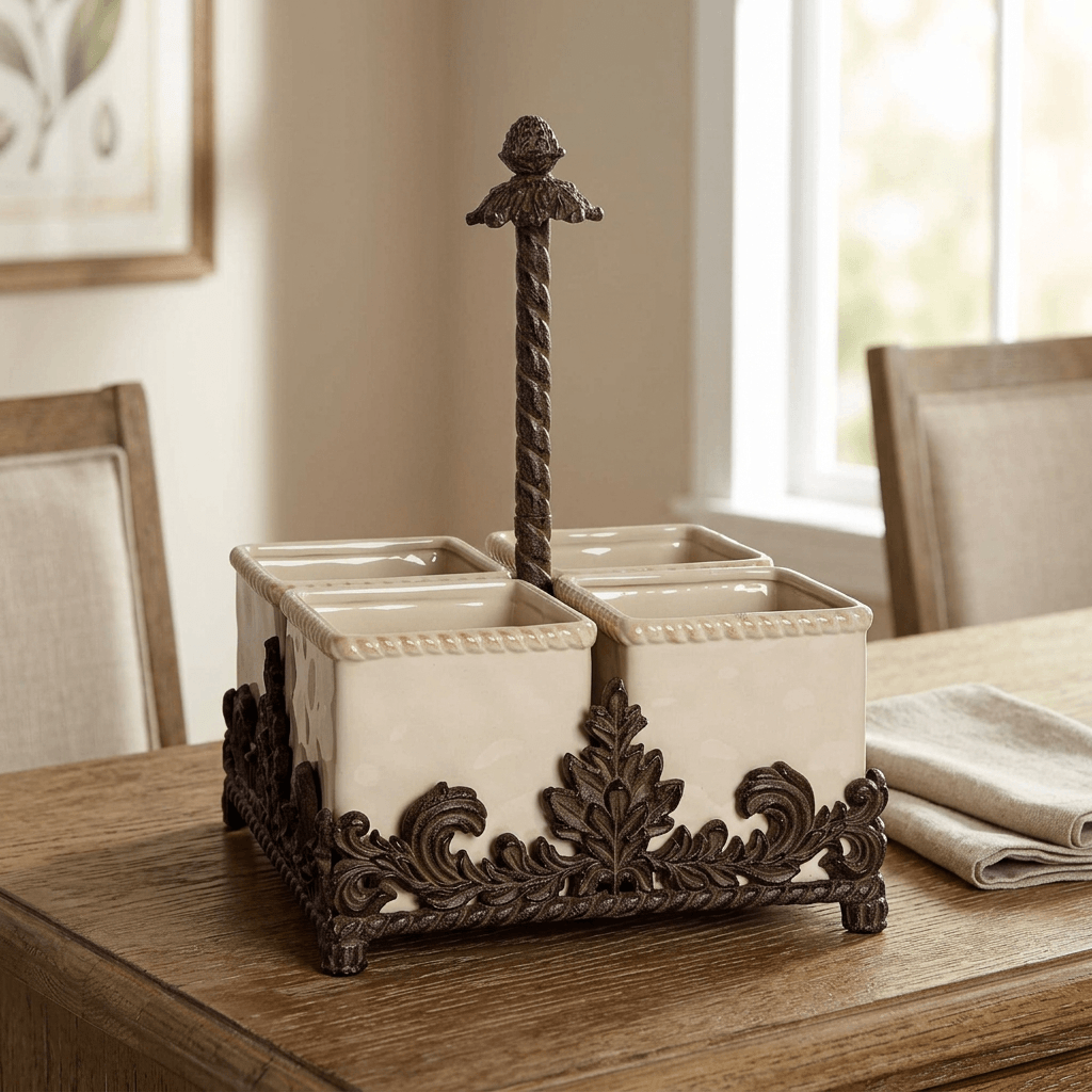 Bellavita cream stoneware and dark metal flatware caddy on a wood dining table beside folded linen