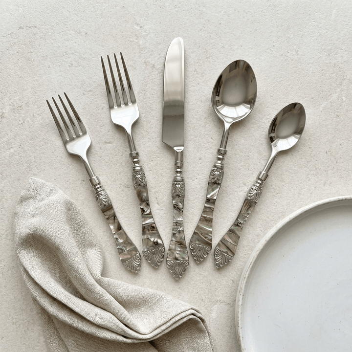 Vintage Coastal Flatware Set with Abalone Inlay Handles (Set of 20)