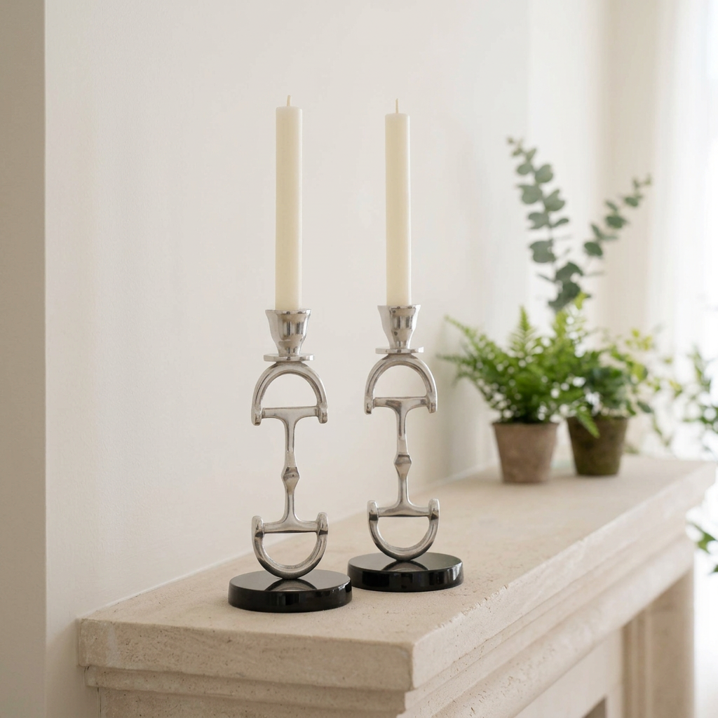 Pair of silver D-bit candlesticks holding ivory taper candles on a pale stone mantel.