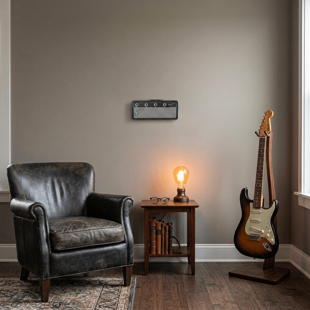 Fender amp key holder in a rock music nook with an electric guitar, dark leather chair and warm accent lighting.