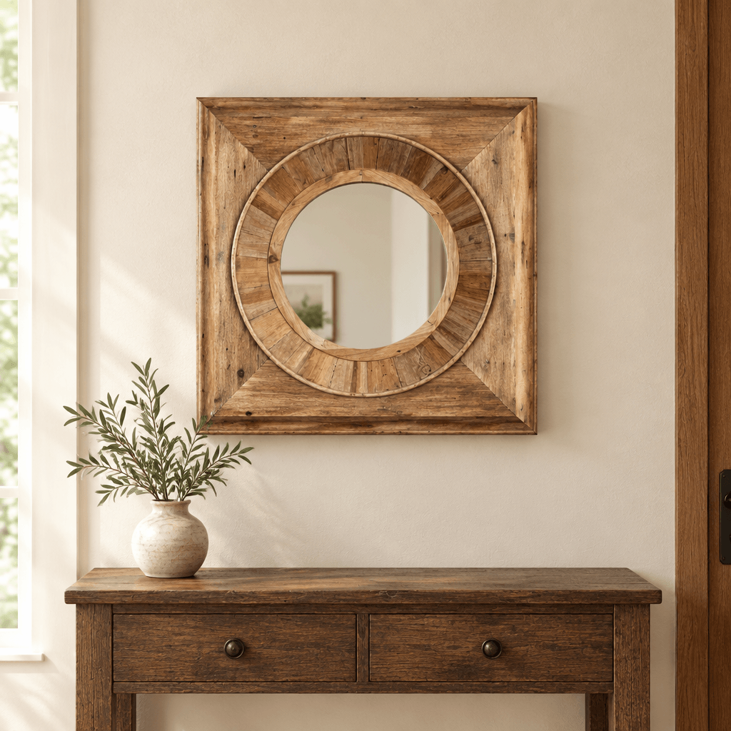 Round mirror in a square pine frame styled above an entryway console.