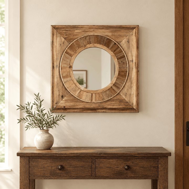 Round mirror in a square pine frame styled above an entryway console.