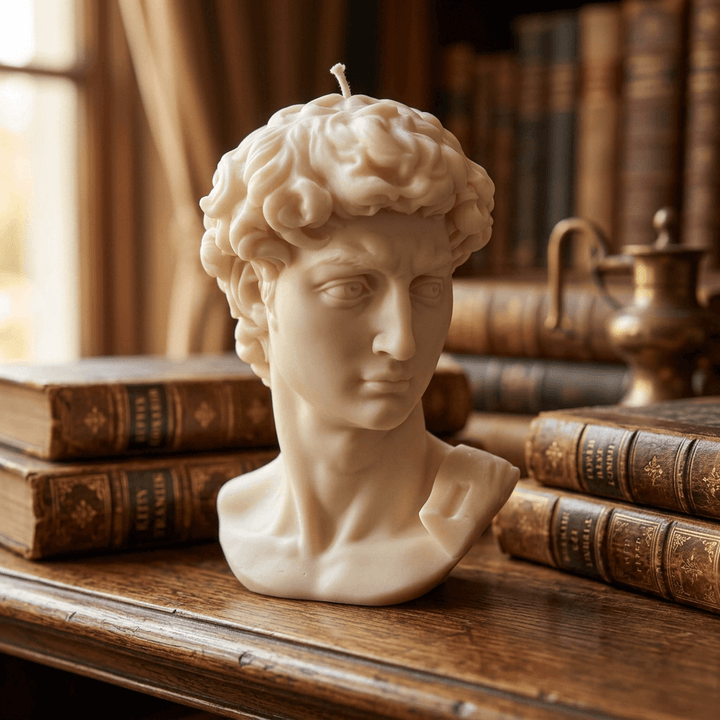 Ivory Michelangelo David bust candle displayed beside aged books on a dark wood library shelf.