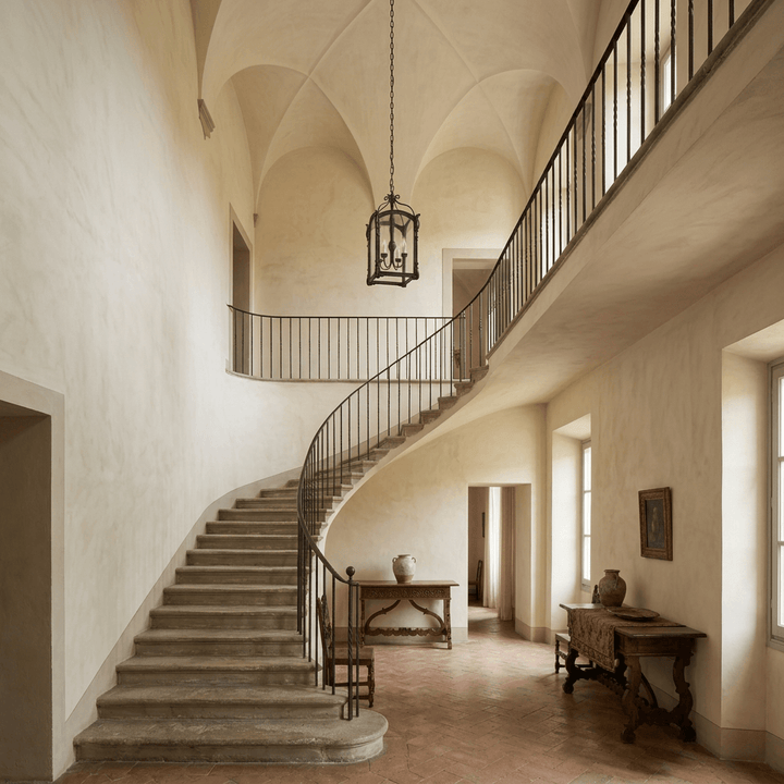 Bellamora antique black lantern chandelier hanging high above a staircase in an Italian-style lobby.