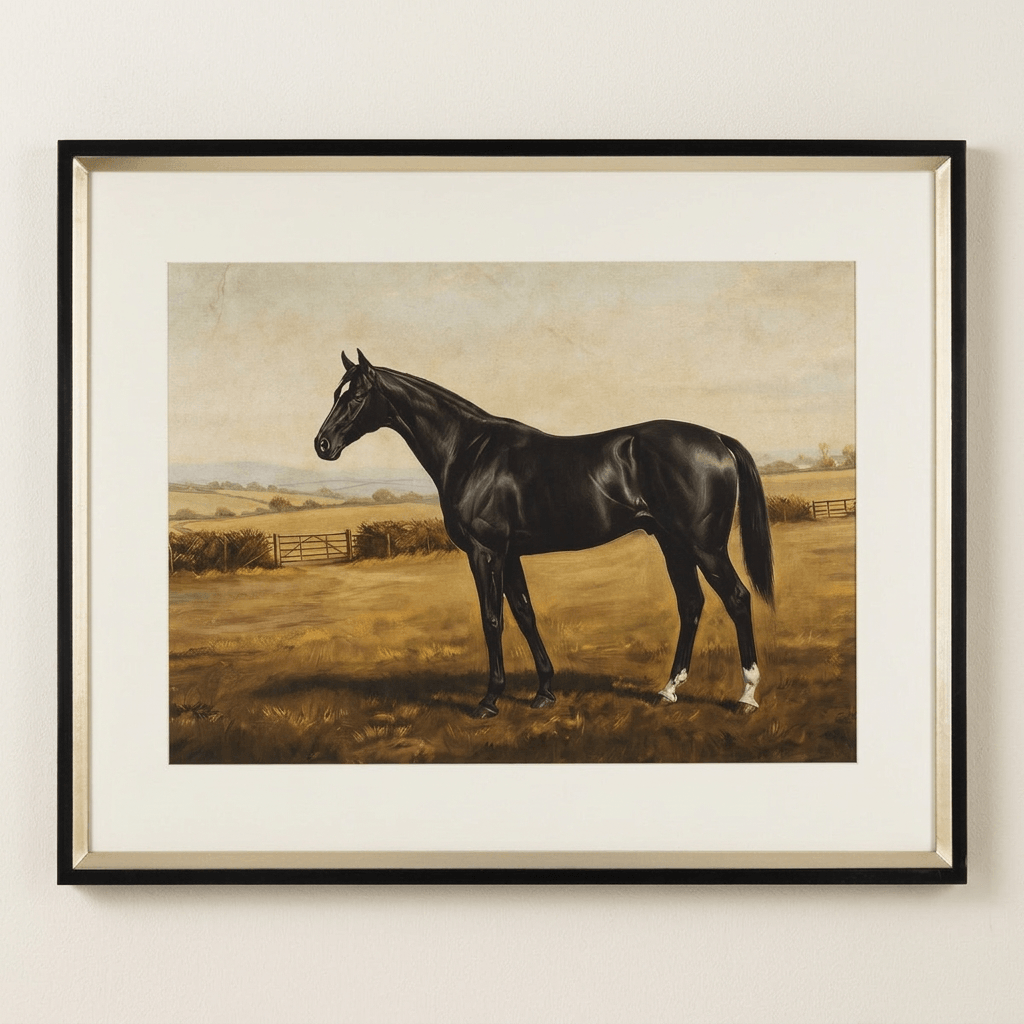 Black thoroughbred horse print in a golden pasture, with an ivory mat and black frame with a gold-toned inner edge.