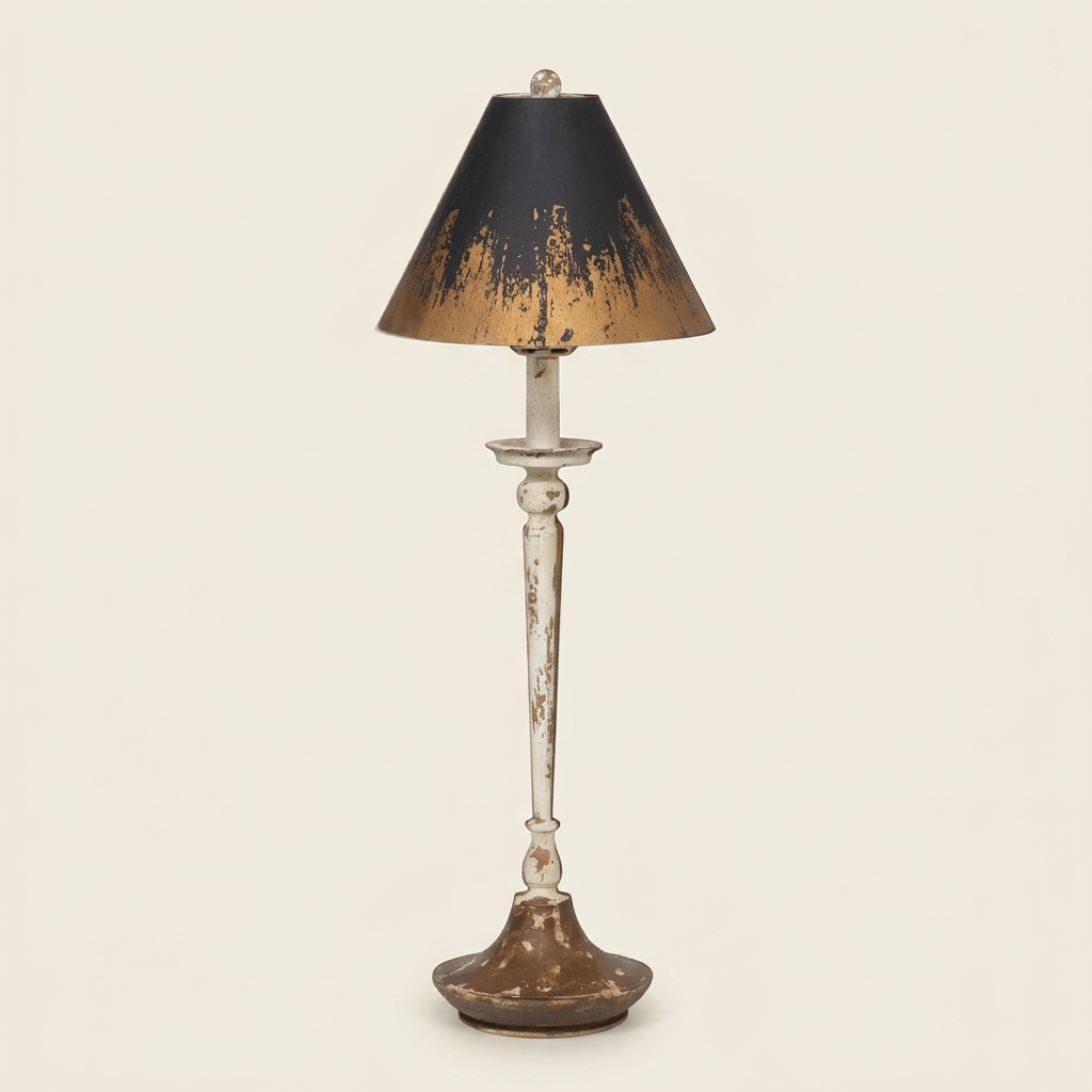 Studio view of Lucien distressed buffet lamp with black and gold shade