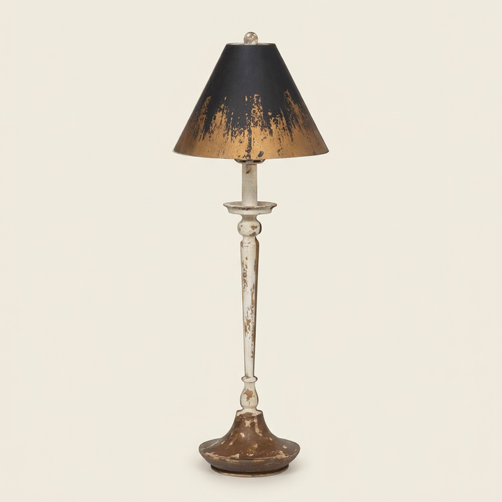 Studio view of Lucien distressed buffet lamp with black and gold shade