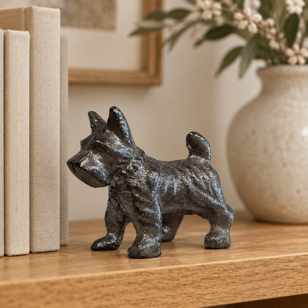 Small cast iron schnauzer figurine styled beside linen-bound books on an oak shelf.