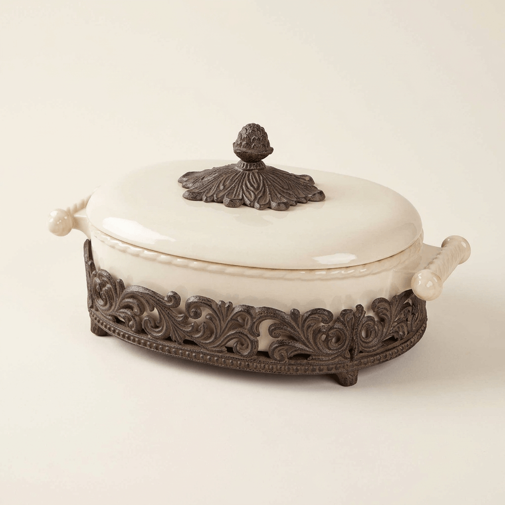 Bellavita cream stoneware lidded casserole dish with ornate dark metal cradle on a neutral studio background
