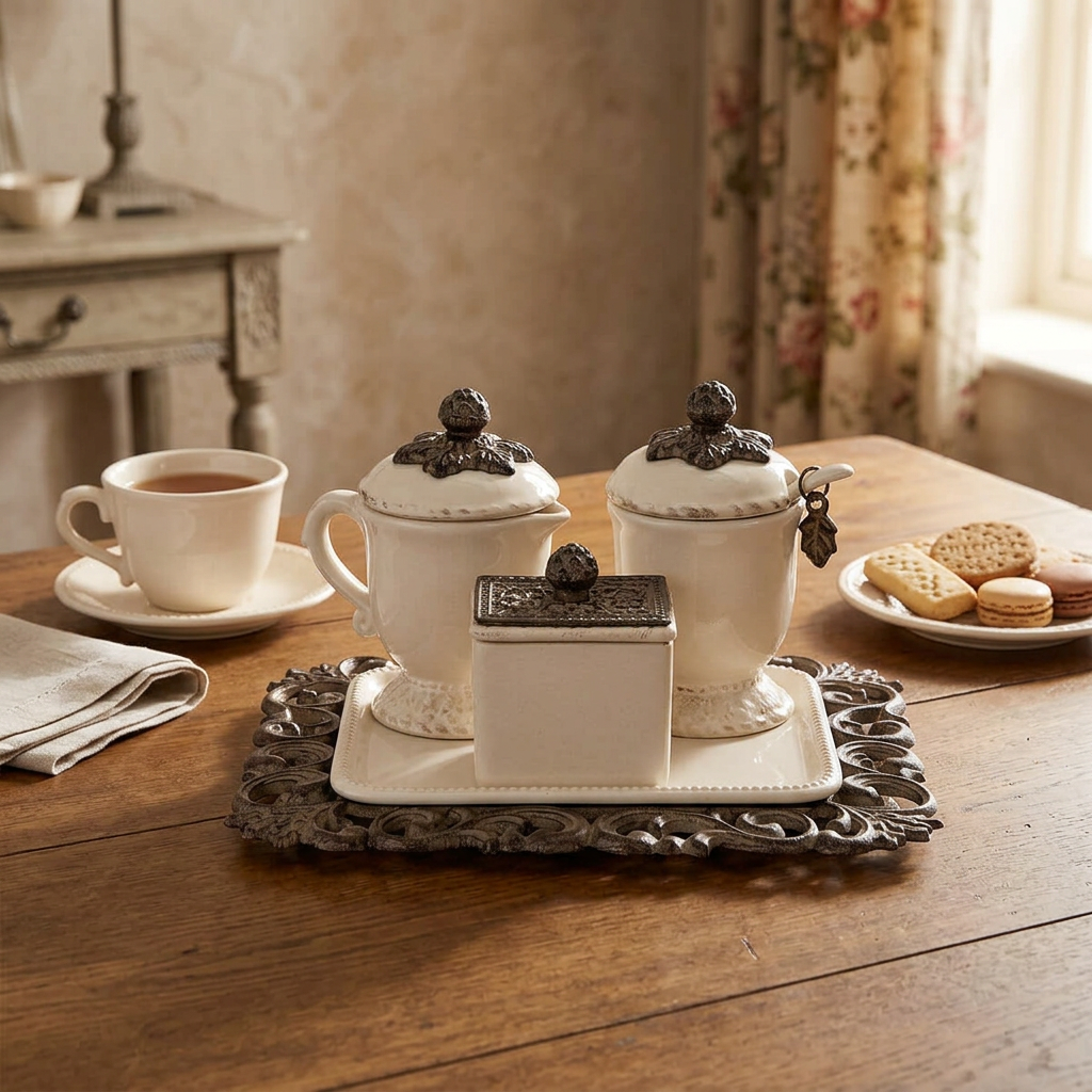 Bellavita cream and sugar set styled on a wood table beside tea and biscuits.