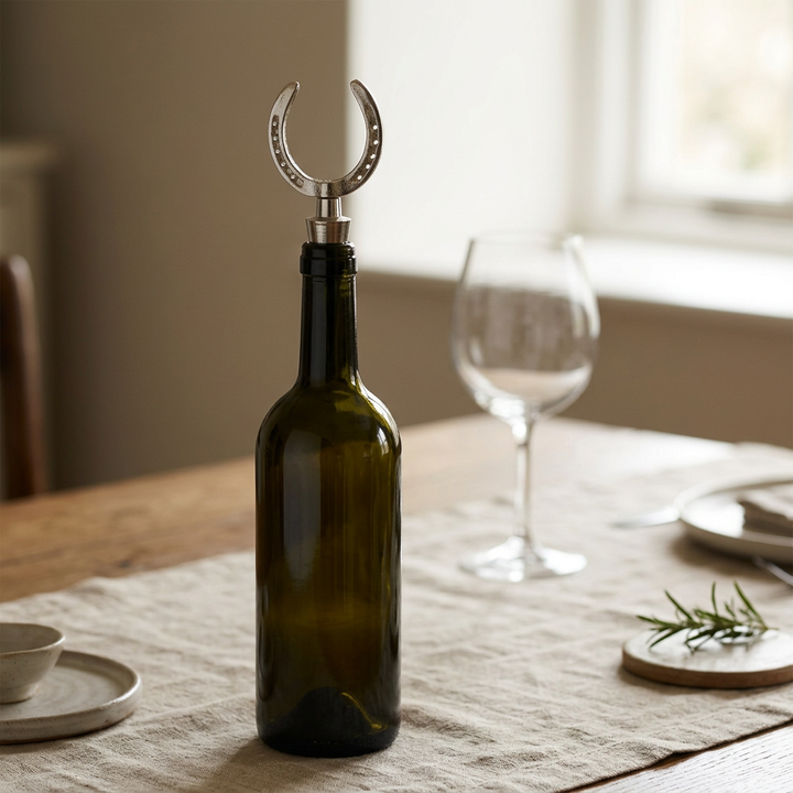 Stainless steel horseshoe bottle stopper in a green wine bottle on a linen-covered country dining table.