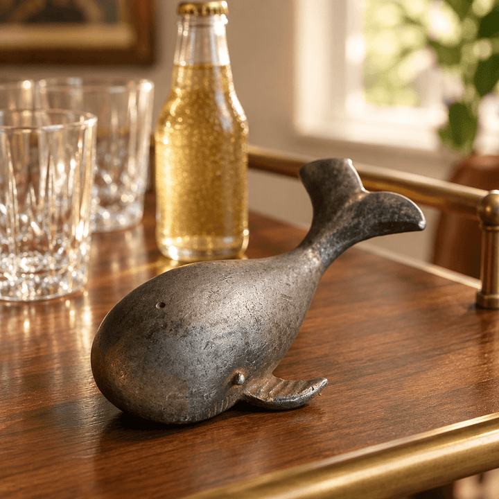 Pewter whale bottle opener on a walnut bar cart beside glasses and a beverage bottle.