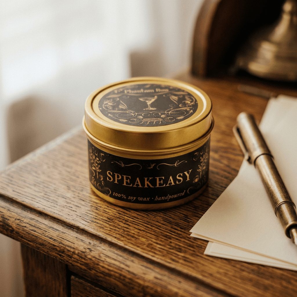 Gold Speakeasy candle tin with black-and-gold labels beside cream stationery on an oak writing desk.