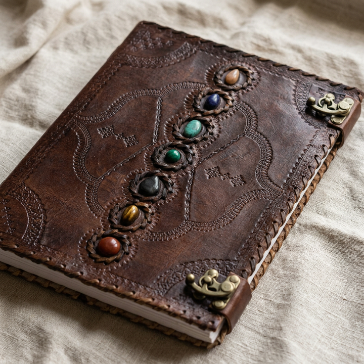 Close detail of embossed brown leather, colorful stone decoration, stitched edges, and metal clasps