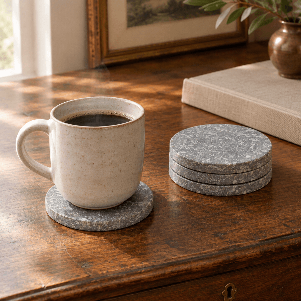 Round gray marble coasters styled with a ceramic coffee cup on a wooden writing desk.