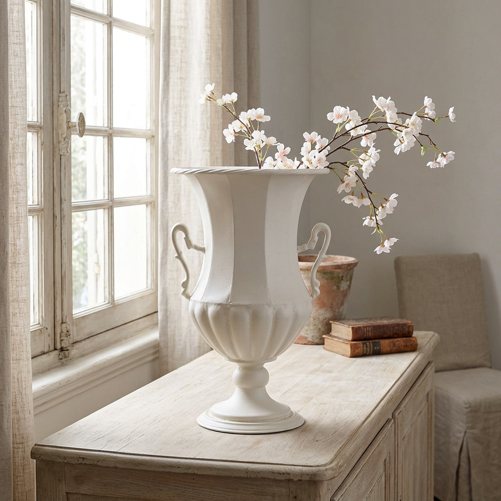 Valmont Scrolled Iron Amphora Urn in Soft White with flowering branches on a pale wooden console beside a window.