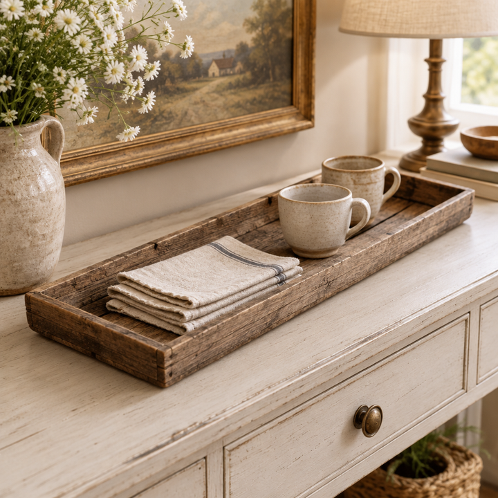 Weathered wood serving tray with linen napkins and ceramic cups on a pale console