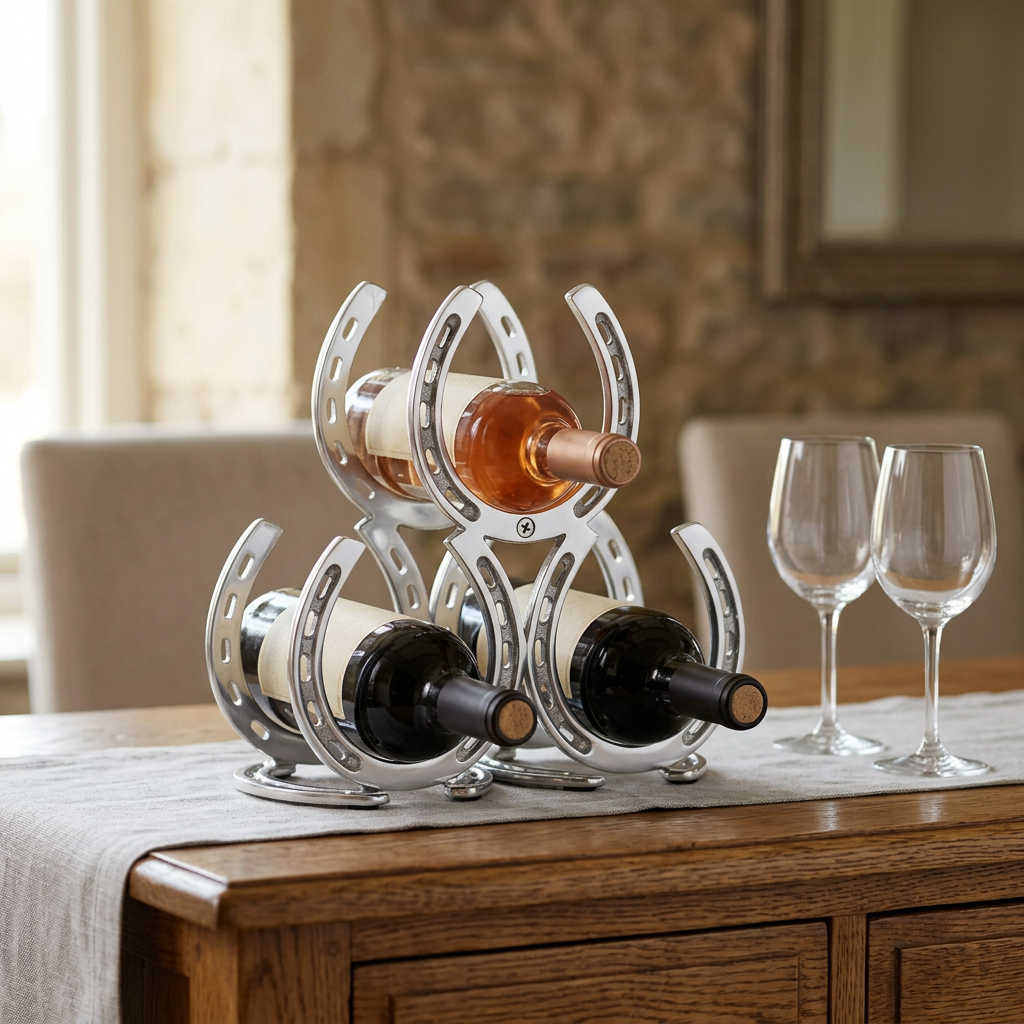 Silver horseshoe wine rack displaying three bottles on an oak sideboard beside empty wine glasses.