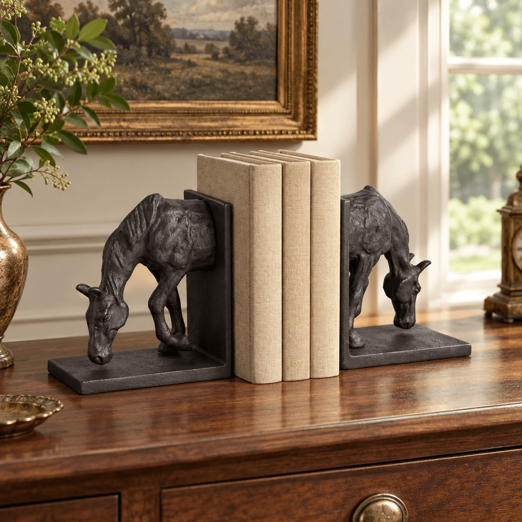 Black bronze grazing horse bookends holding books on a walnut console.