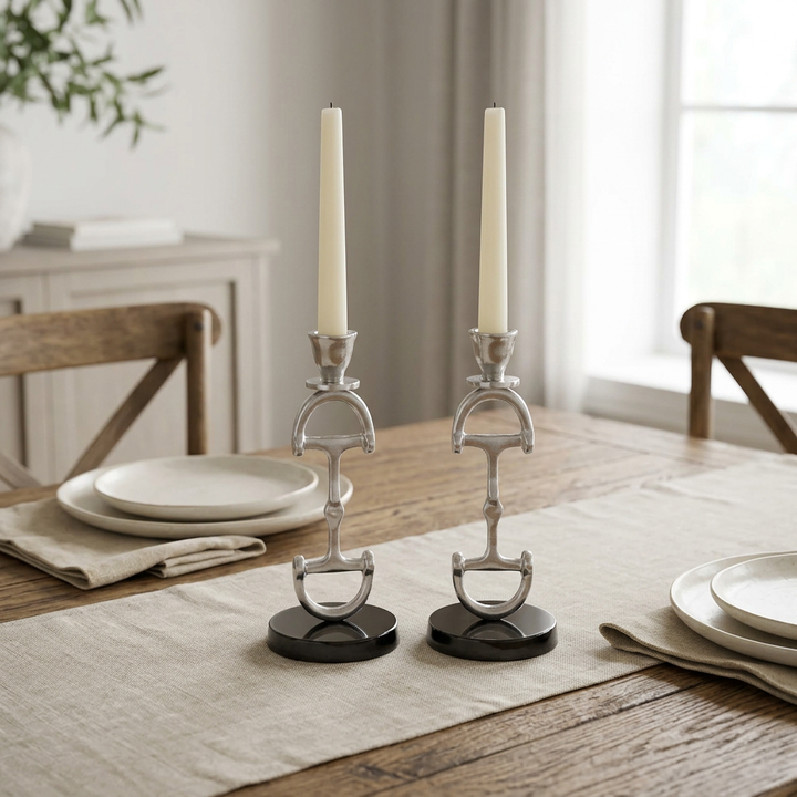 Silver D-bit candlestick pair with ivory taper candles on an oak dining table with neutral linen.