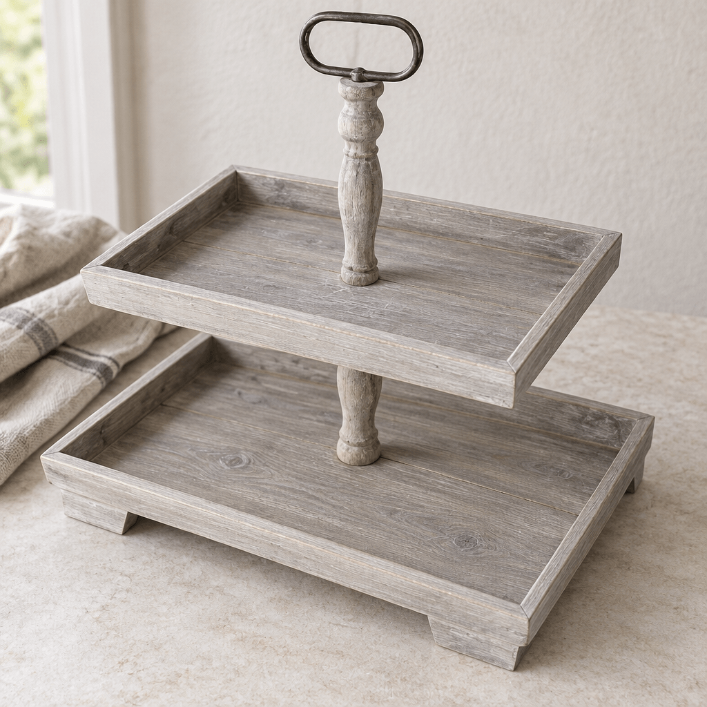 Elevated view of Grey Recycled Pine Two-Tier Display Stand showing rectangular trays and central handle