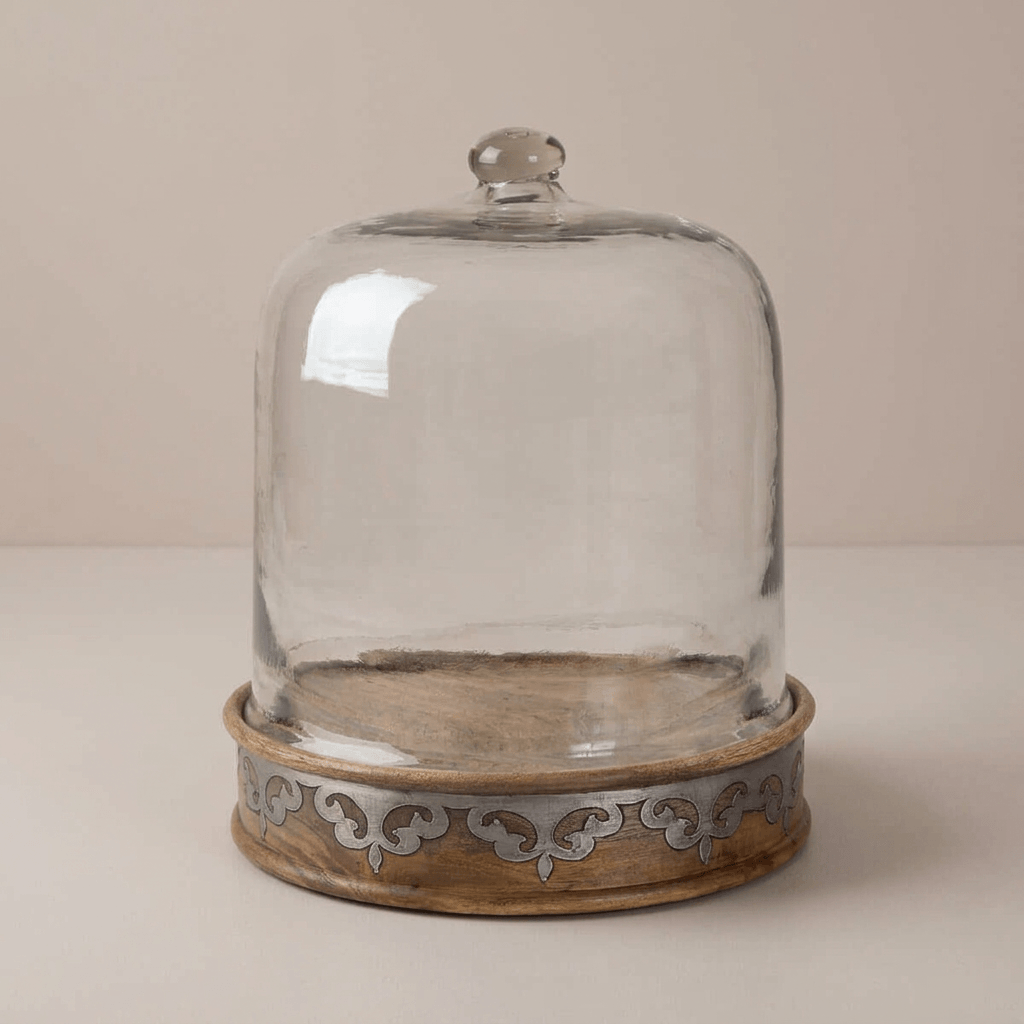 Belvedere Cake Keeper with Glass Dome showing the ornamental metal inlay against a taupe studio backdrop.